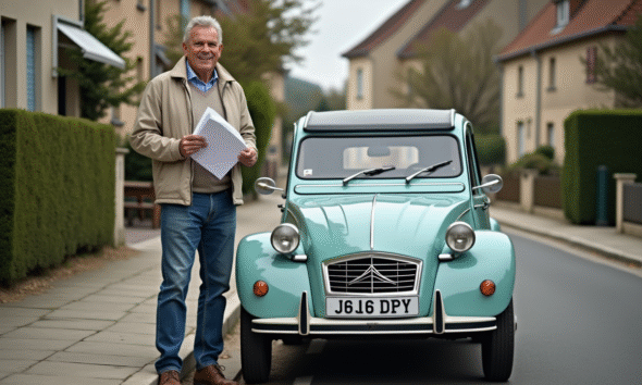 Homme d'âge moyen avec documents et Citroën 2CV vintage