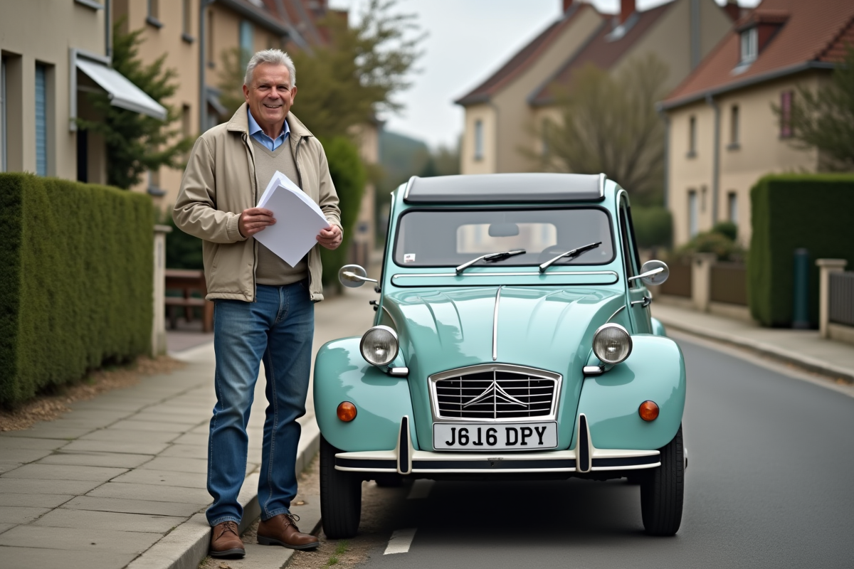Homme d'âge moyen avec documents et Citroën 2CV vintage