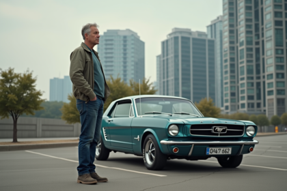 Homme d'âge moyen à côté d'une voiture classique en ville