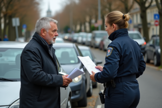 Homme d'âge moyen avec voiture et policière en ville