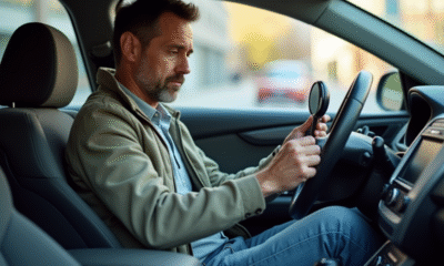 Homme moyenâgeux inspectant voiture moderne avec miroir