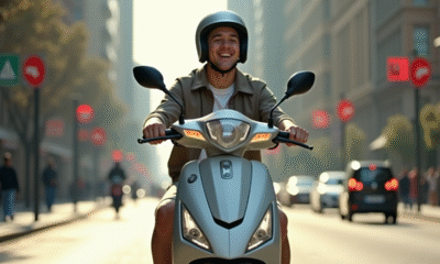 Jeune adulte roulant en scooter 50cc en ville en journée