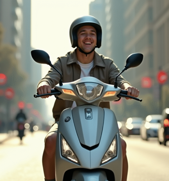 Jeune adulte roulant en scooter 50cc en ville en journée