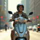 Jeune adulte roulant en scooter 50cc en ville en journée