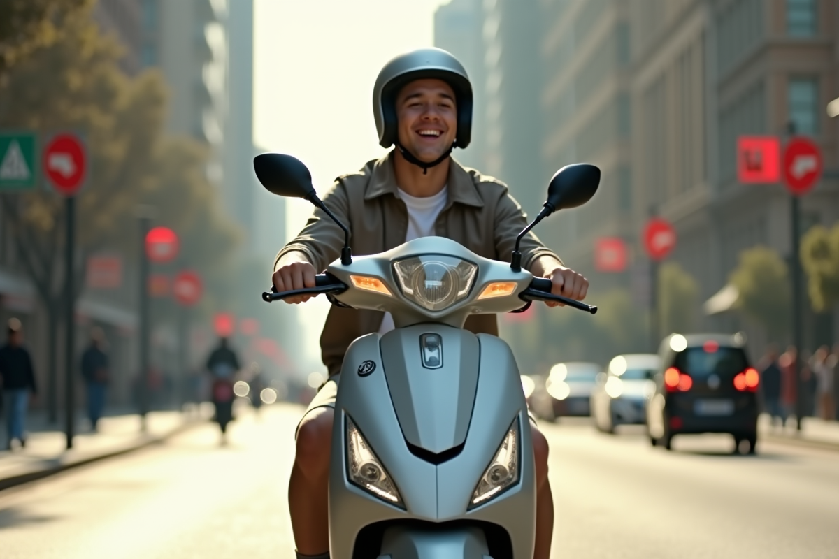 Jeune adulte roulant en scooter 50cc en ville en journée