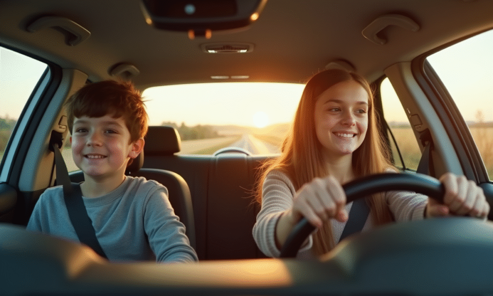 Jeune conducteur souriant au volant d'une voiture moderne en campagne