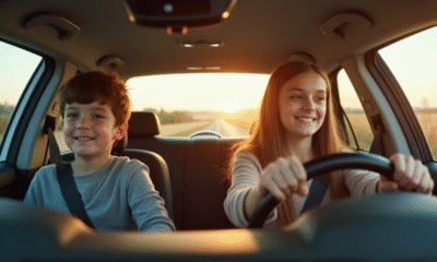 Jeune conducteur souriant au volant d'une voiture moderne en campagne
