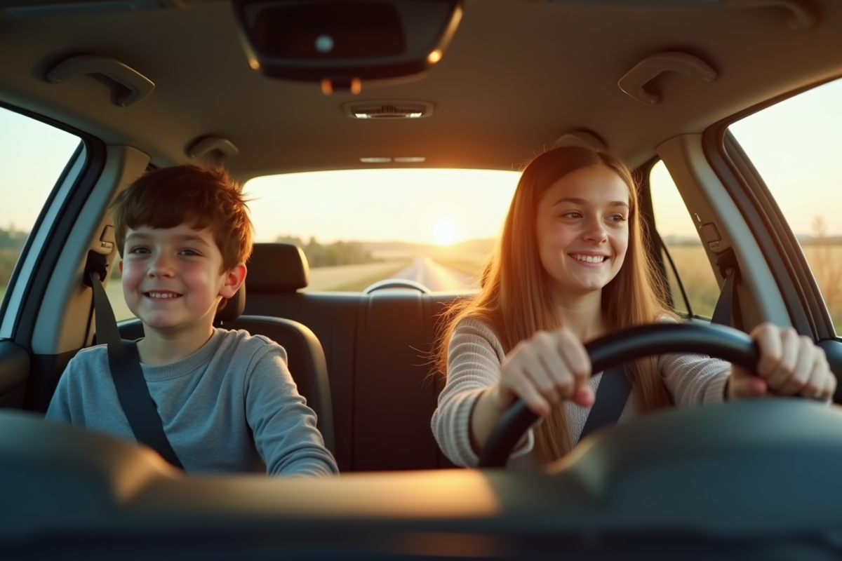 Jeune conducteur souriant au volant d'une voiture moderne en campagne