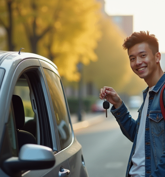 Jeune conducteur souriant avec clés près d'une petite voiture moderne