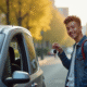 Jeune conducteur souriant avec clés près d'une petite voiture moderne