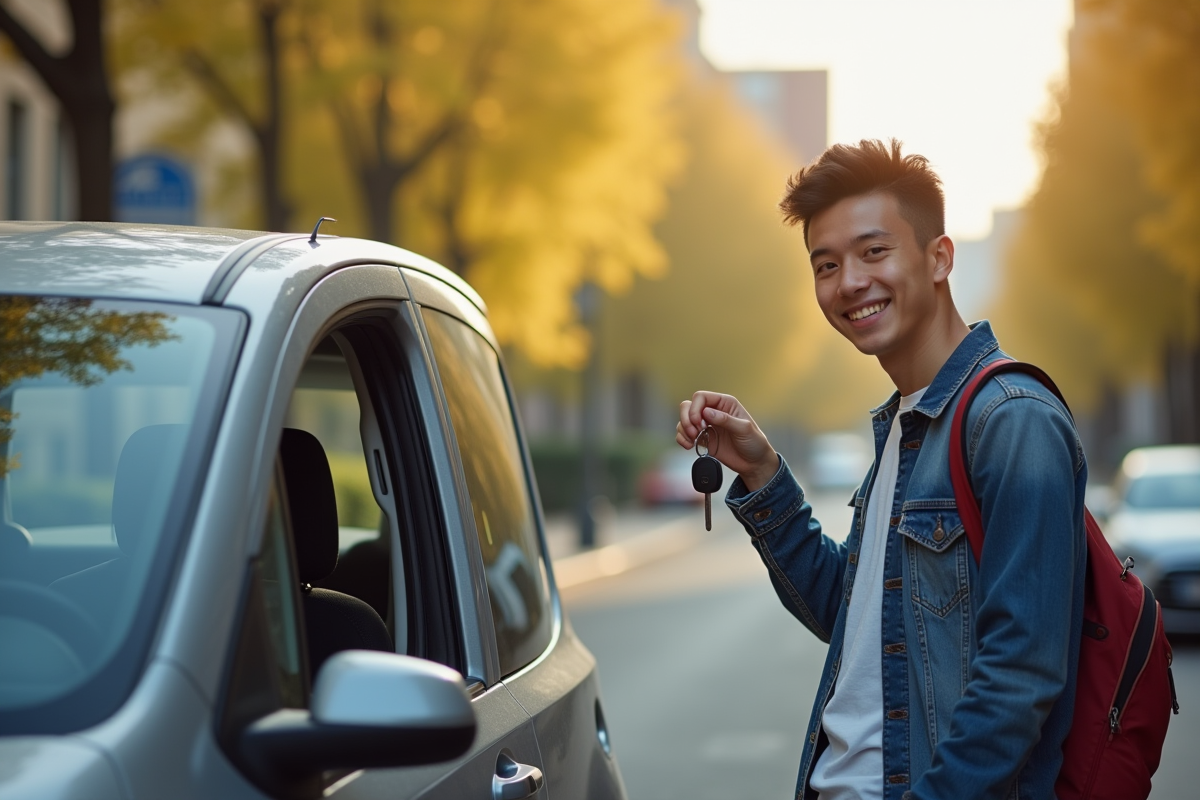 Jeune conducteur souriant avec clés près d'une petite voiture moderne