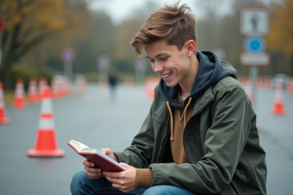 Jeune garçon concentré à l'école de scooter avec panneaux