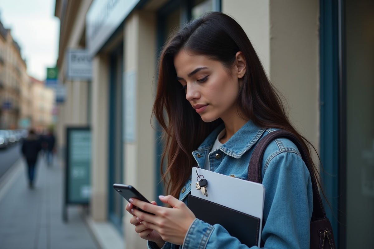 Jeune femme regardant son smartphone devant une mairie