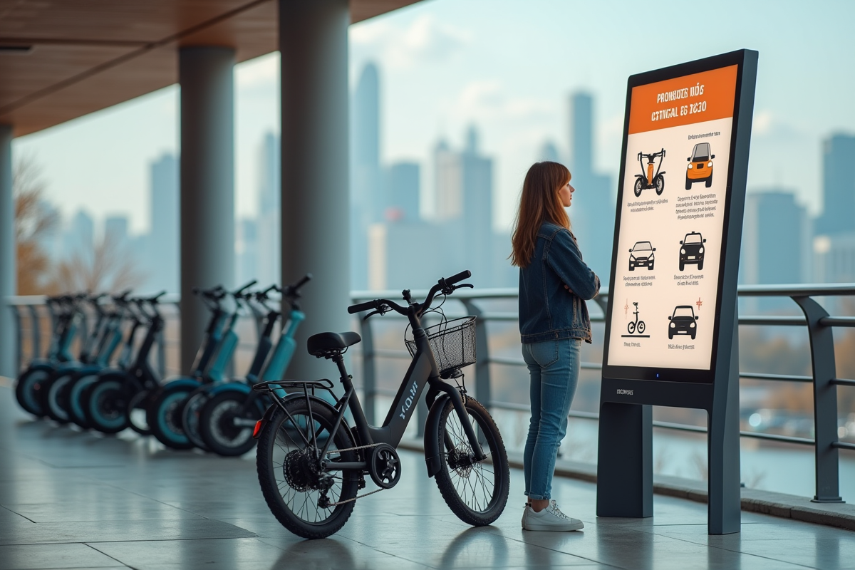 Jeune femme avec vélo électrique devant un panneau d