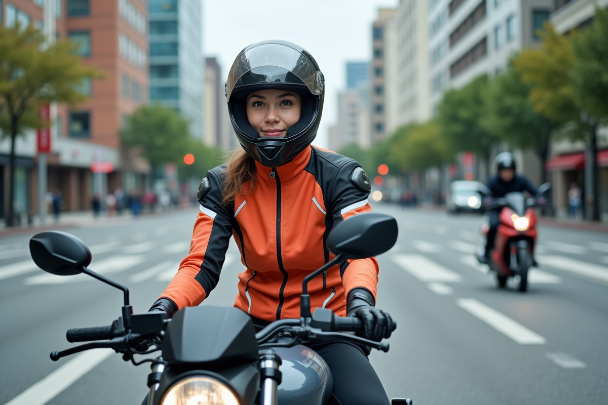 Jeune femme motarde saluant dans une intersection urbaine