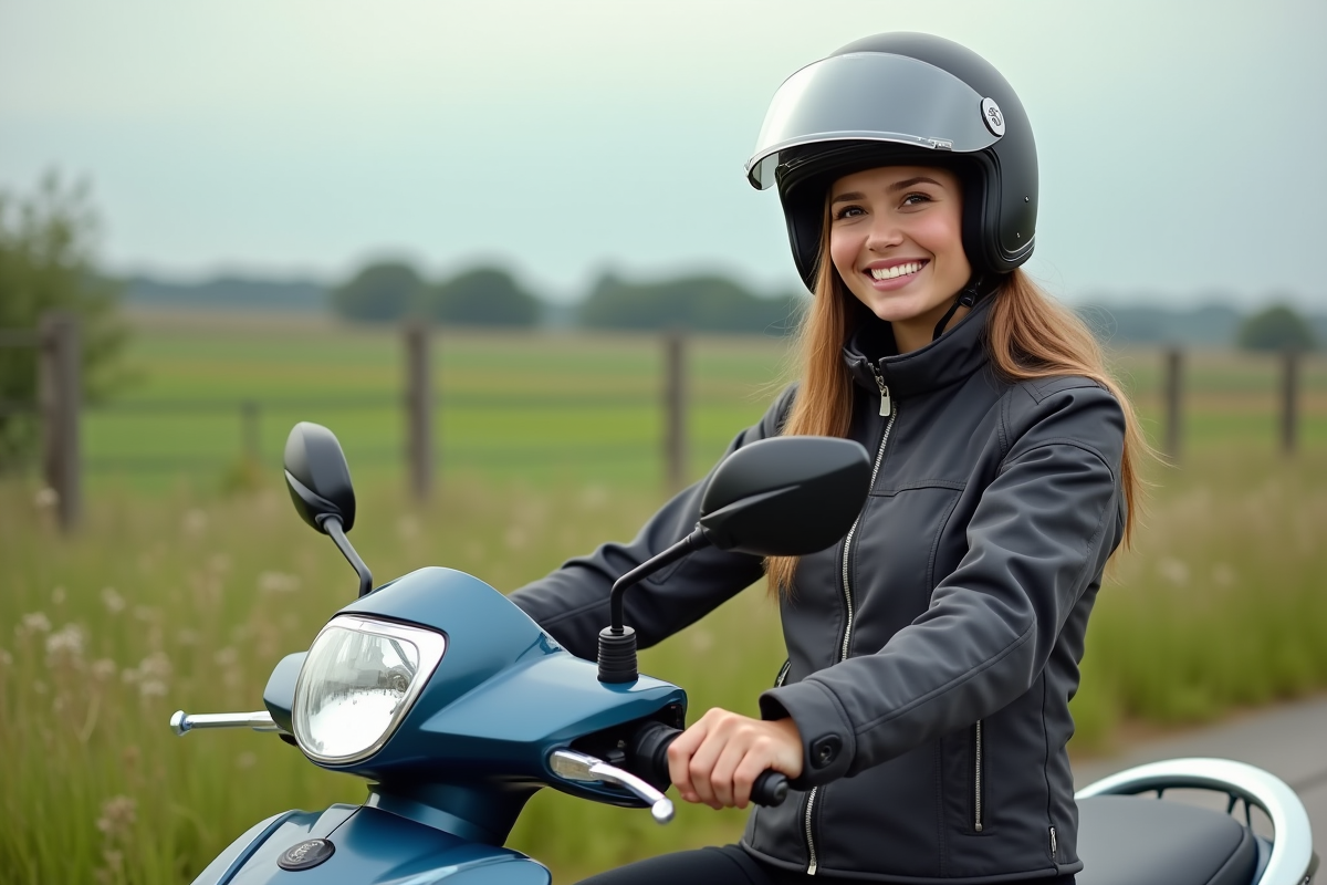 Jeune femme en moto scooter dans un paysage rural