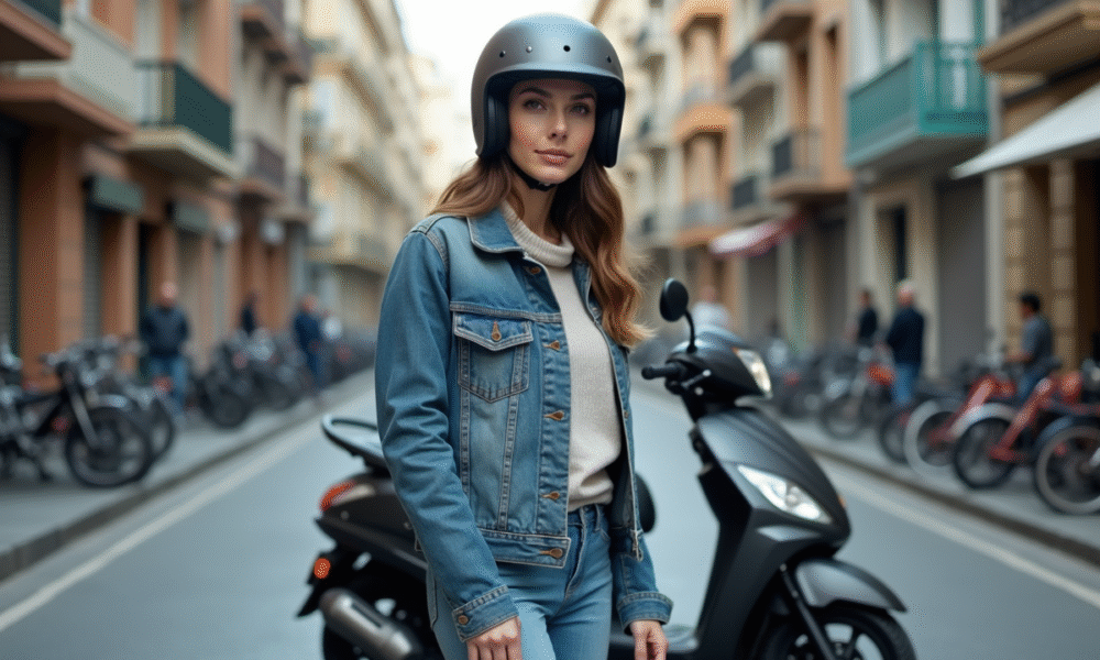 Jeune femme avec scooter en ville dynamique