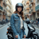 Jeune femme avec scooter en ville dynamique