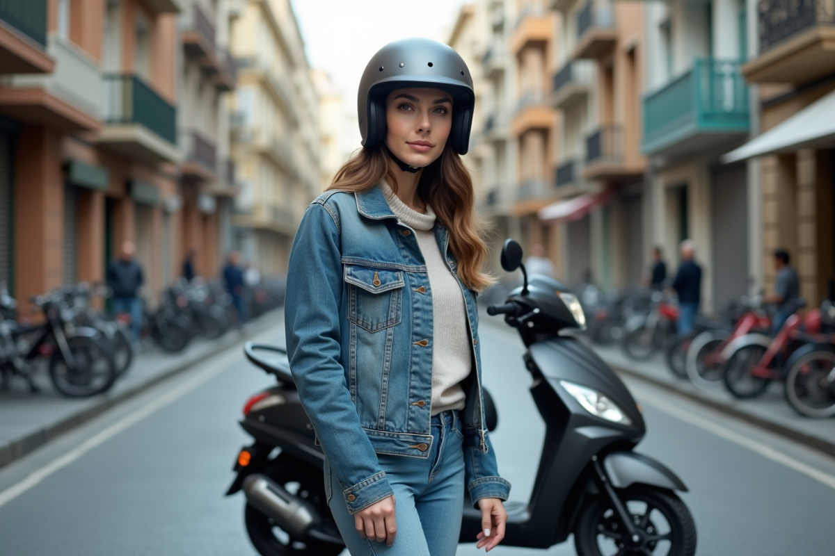 Jeune femme avec scooter en ville dynamique