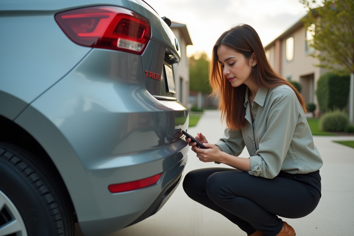 Jeune femme vérifiant le dessous de la voiture dans la cour