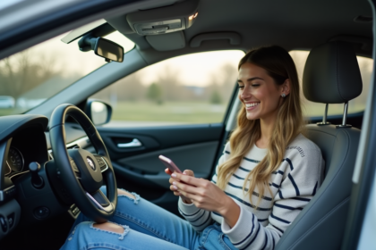 Jeune femme souriante dans une voiture moderne en ride sharing