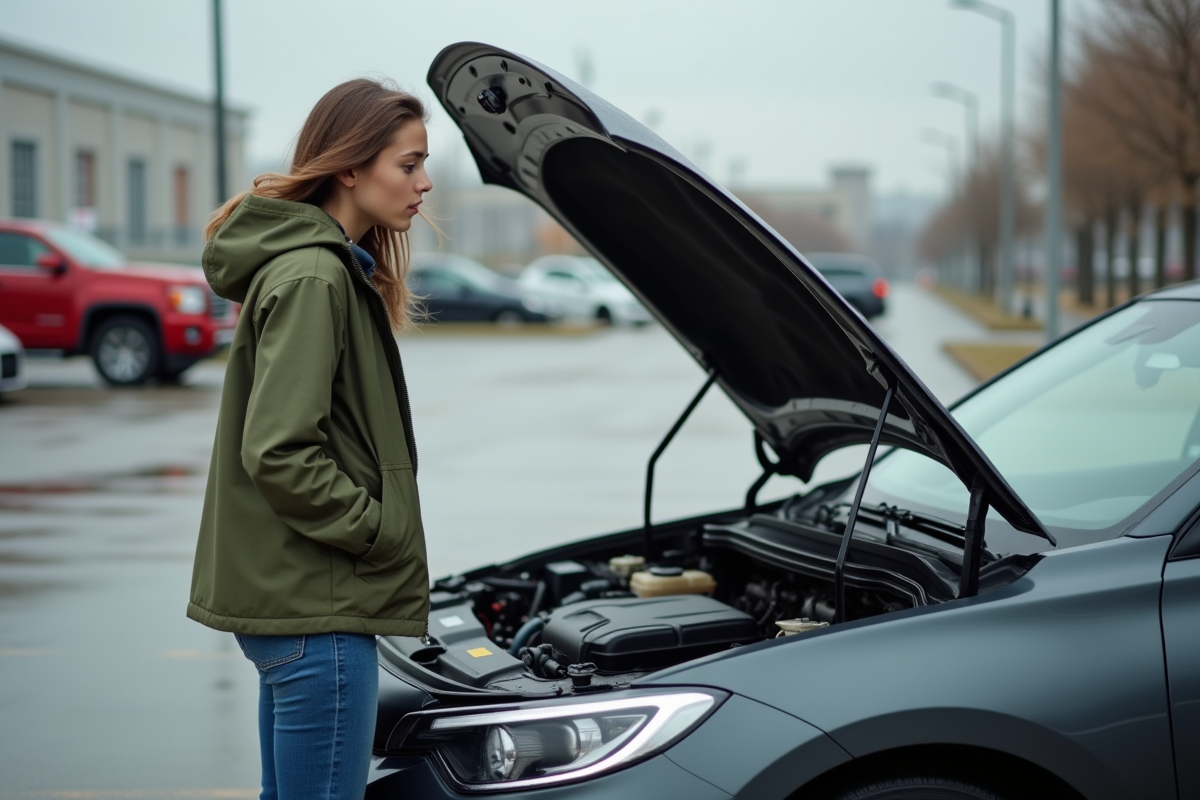 Jeune femme regardant le moteur de sa voiture en extérieur