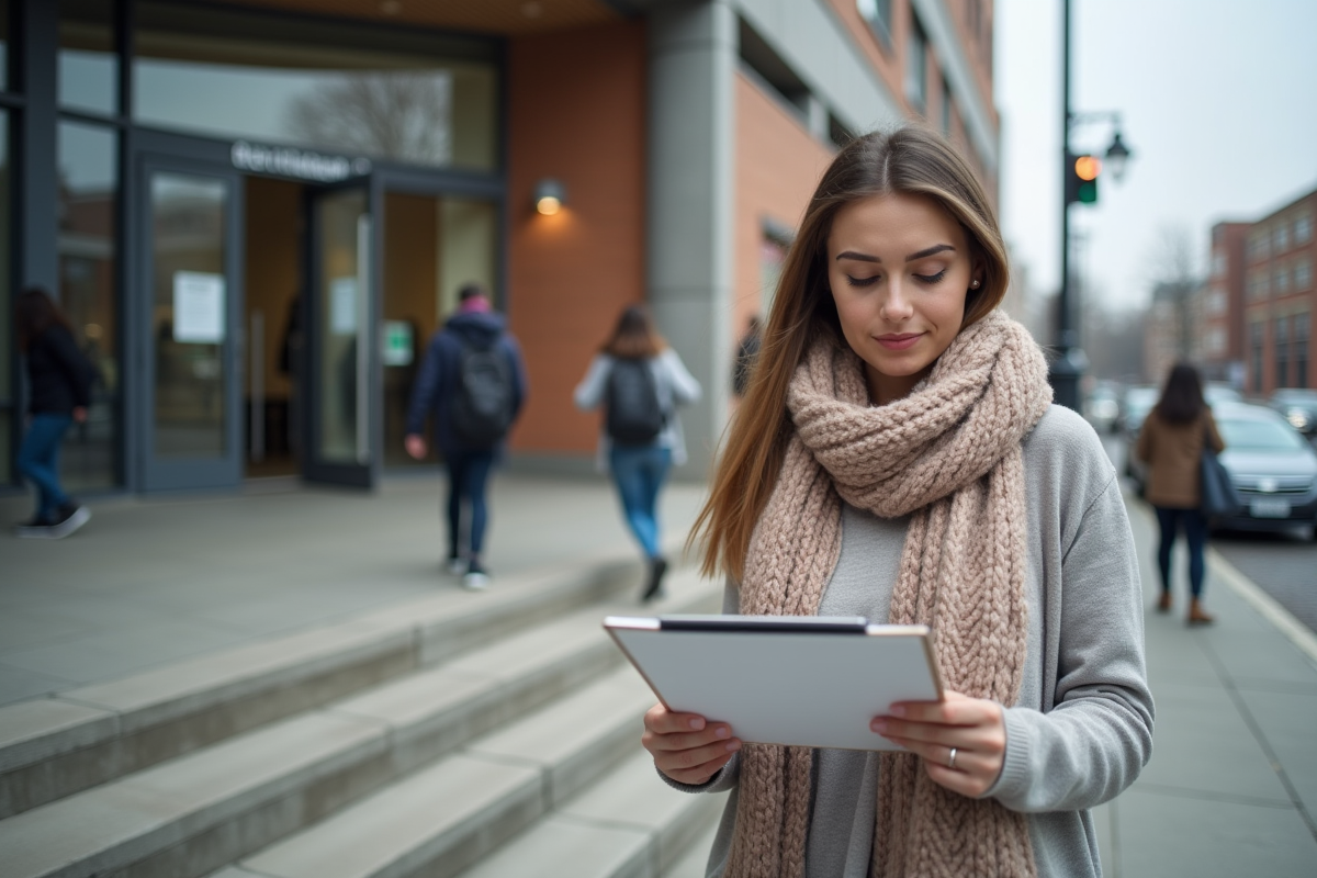 Jeune femme remplissant un formulaire devant un bâtiment municipal