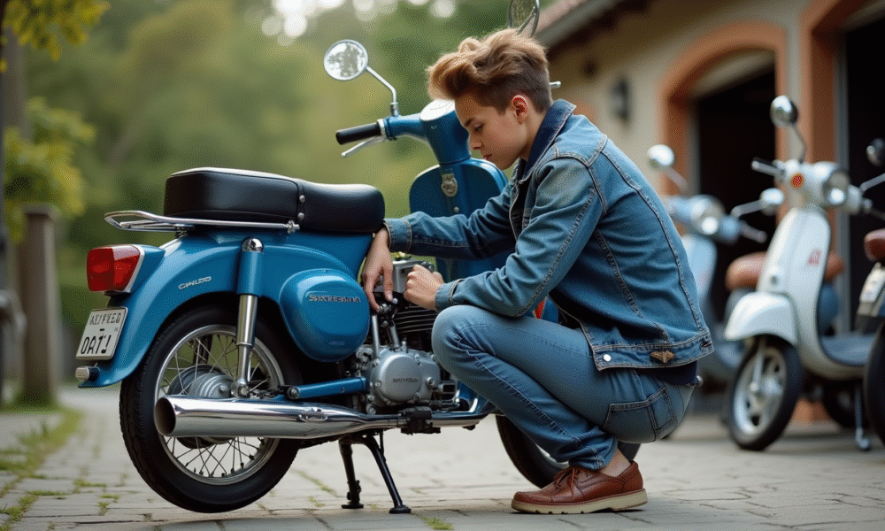 Jeune homme examinant moteur de moto 50cc Skyteam en extérieur