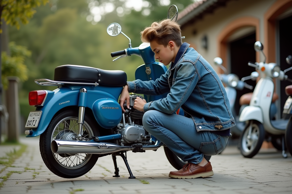 Jeune homme examinant moteur de moto 50cc Skyteam en extérieur