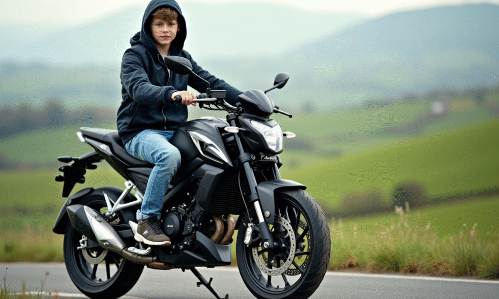 Jeune garçon en jeans et veste en hoodie sur une moto 50cc en campagne