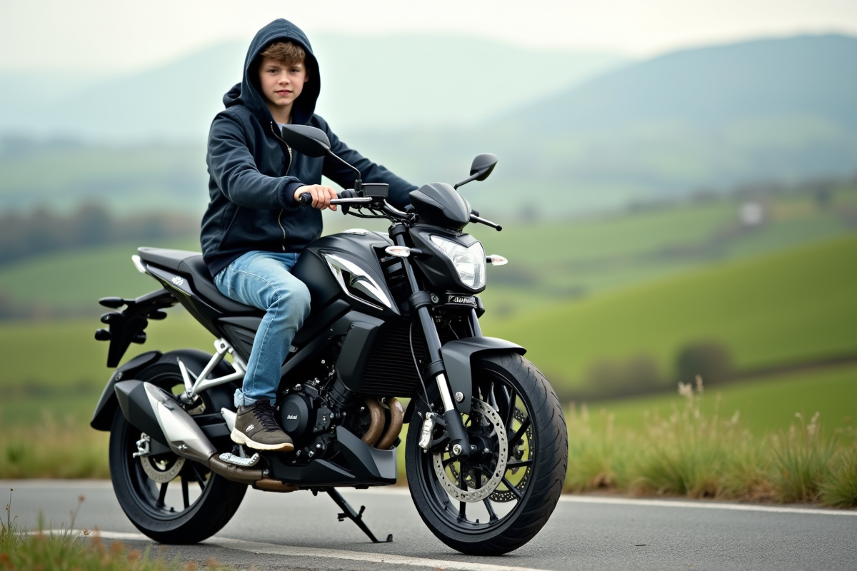Jeune garçon en jeans et veste en hoodie sur une moto 50cc en campagne