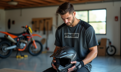 Jeune homme en motocross tenant un casque en garage