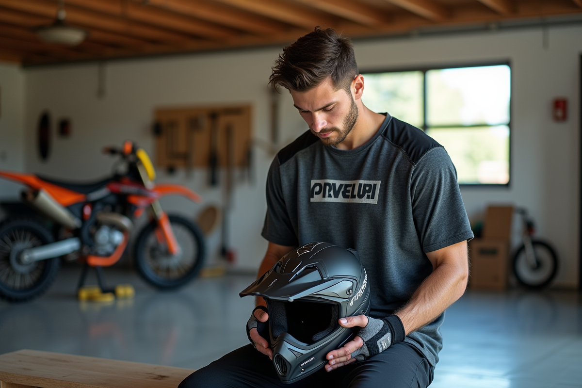 Jeune homme en motocross tenant un casque en garage