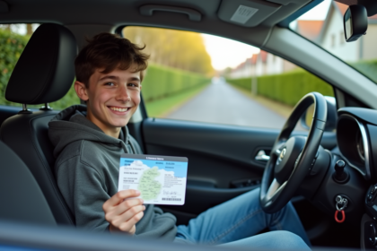 Jeune homme avec permis de conduire dans une voiture