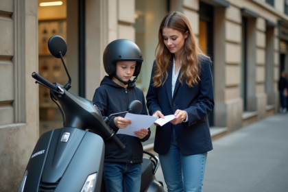 Jeune garçon montrant ses papiers d'assurance scooter à une femme