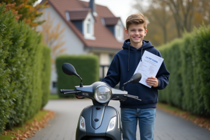 Jeune garçon avec scooter et documents BSR en main