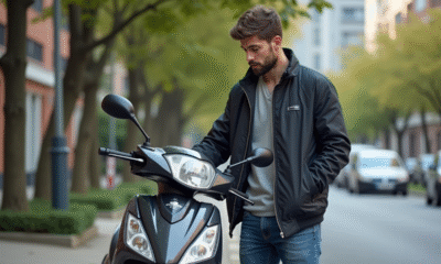 Jeune homme inspectant un scooter 125cc en ville