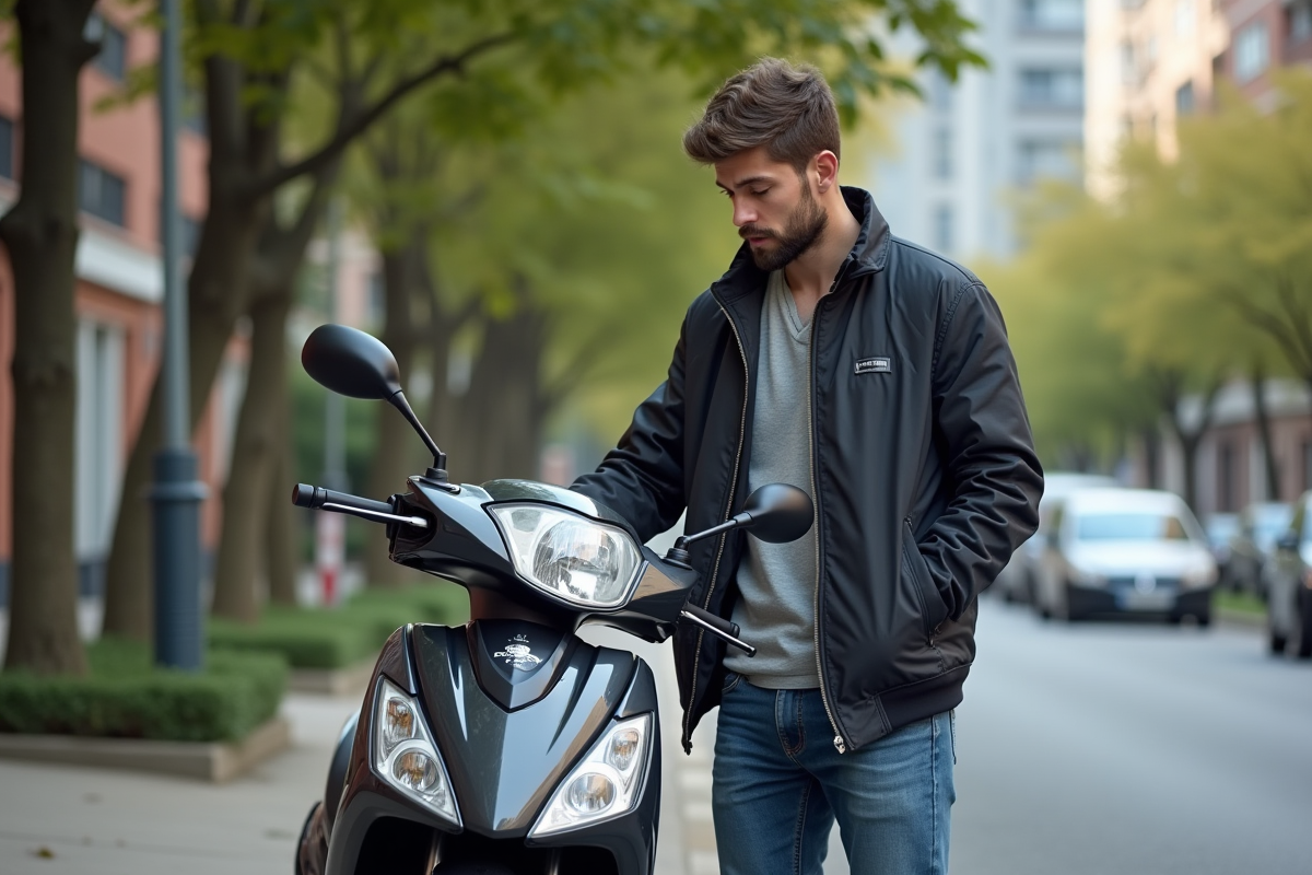 Jeune homme inspectant un scooter 125cc en ville
