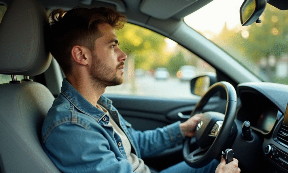 Jeune homme dans sa voiture en ville prêt à conduire