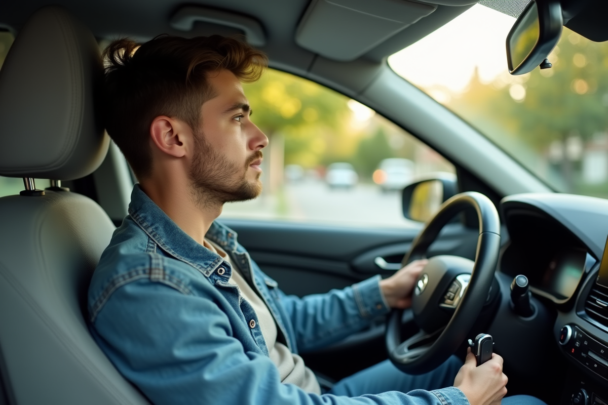 Jeune homme dans sa voiture en ville prêt à conduire
