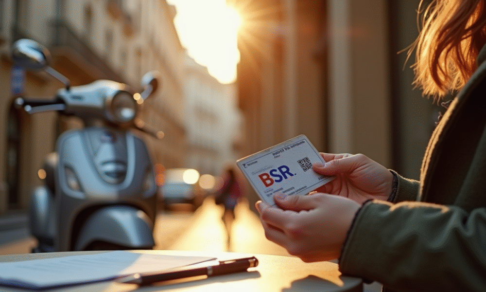 Jeune tenant un permis BSR à côté d'un scooter en ville