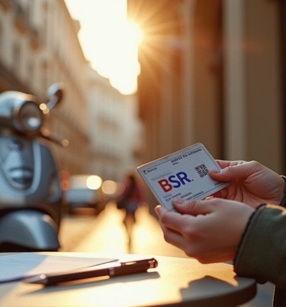 Jeune tenant un permis BSR à côté d'un scooter en ville
