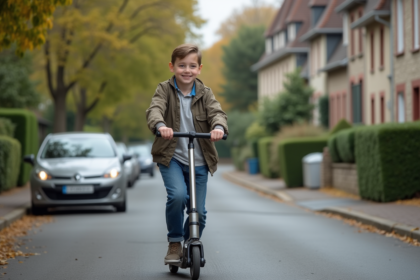 Jeune garçon en scooter dans un quartier résidentiel français