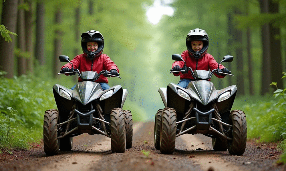 Jeune garçon et fille en quad dans la nature