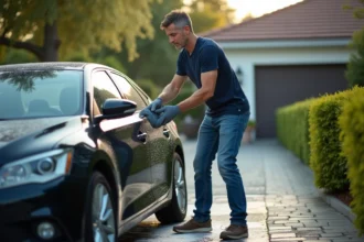 Homme lavant sa voiture en extérieur avec une mitaine en microfibre