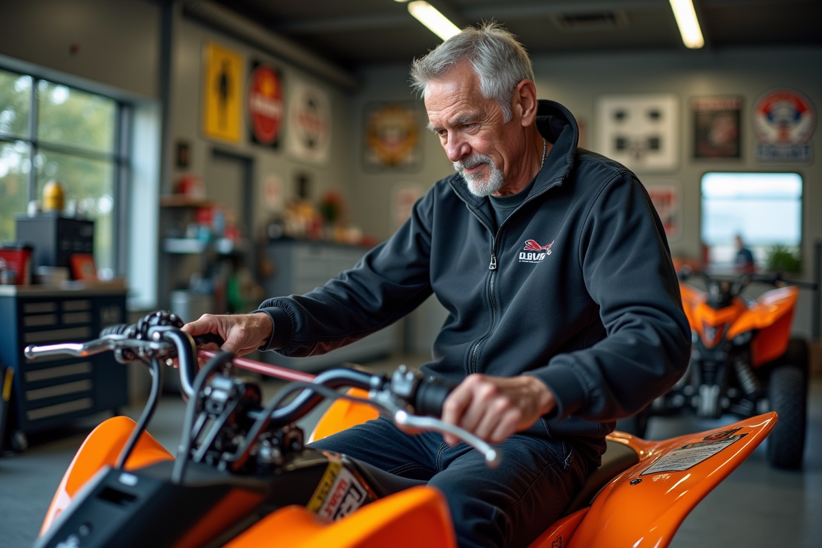 Homme expérimenté en réparation de quad en garage