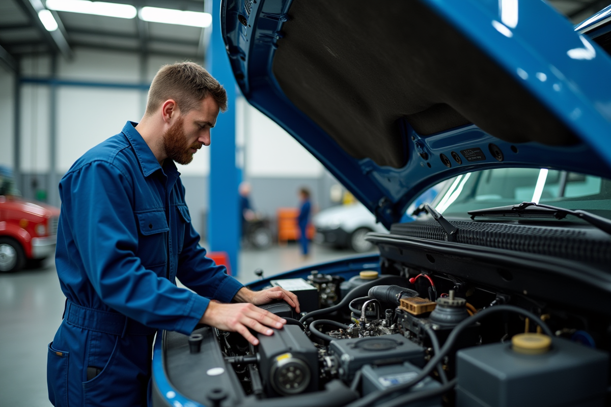 Mécanicien en bleu effectuant la maintenance d'un camion de 26 tonnes