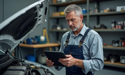 Mécanicien homme inspectant un moteur de voiture dans un garage