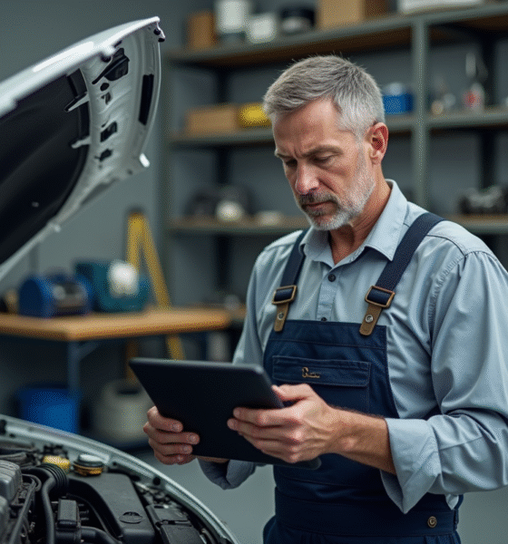 Mécanicien homme inspectant un moteur de voiture dans un garage