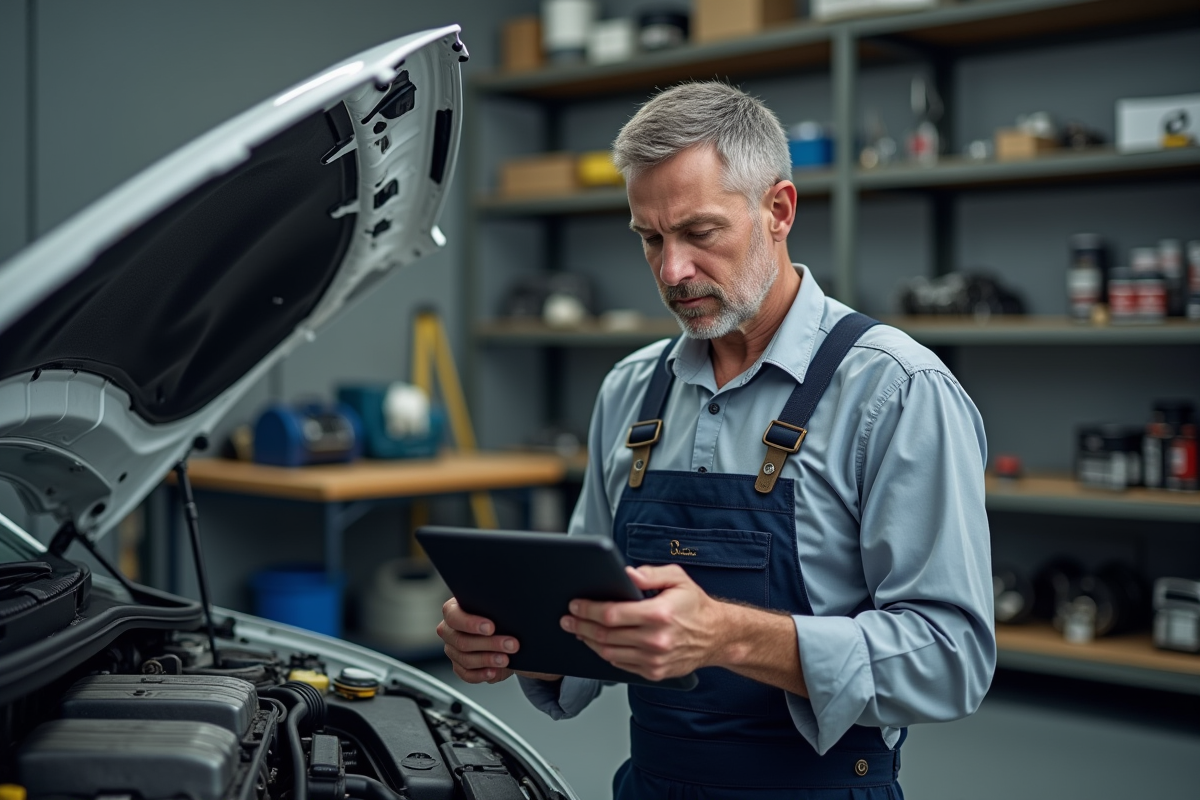 Mécanicien homme inspectant un moteur de voiture dans un garage